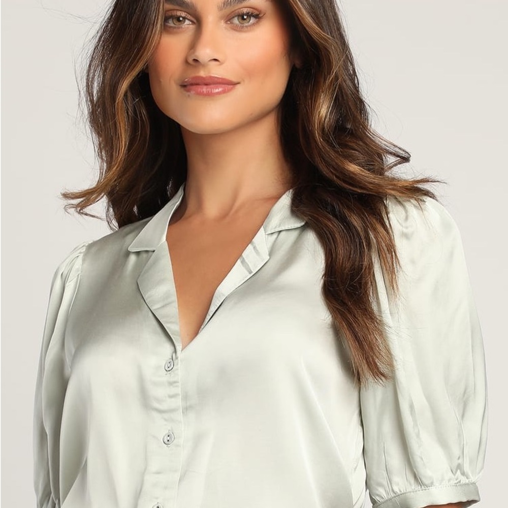 Lulu's Green Button Down Blouse with Notched Collar